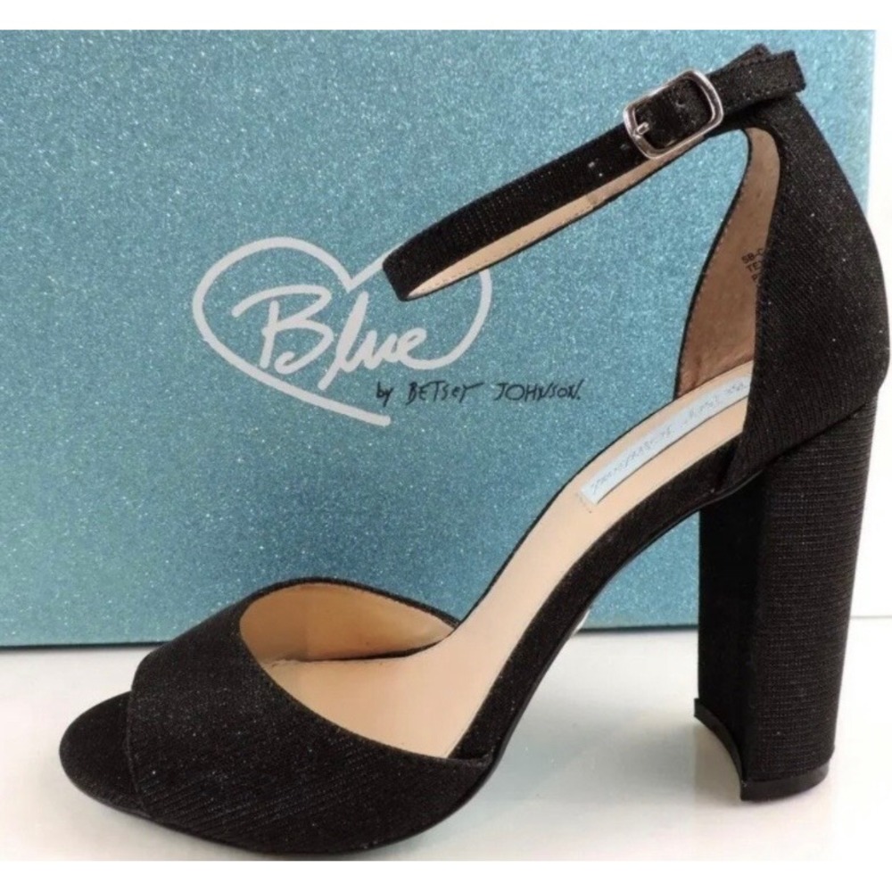 Betsey Johnson Carley Black Sparkle Block Heel Ankle Strap Sandals 5.5